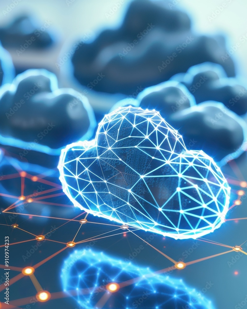 Aufkleber futuristic cloud technology concept with glowing geometric cloud shapes and interconnected nodes, sy