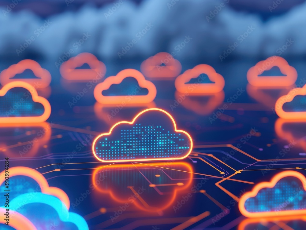 Aufkleber futuristic digital cloud icons glowing in neon colors, representing advanced cloud computing technol