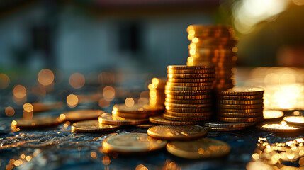 Golden coins stacked high in warm light financial security and wealth