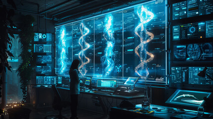 Scientist analyzing DNA sequence in futuristic lab genetic engineering