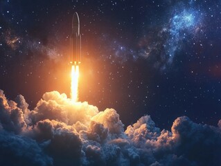 Fototapeta premium A space shuttle soaring through the night sky, illuminated by stars and planets