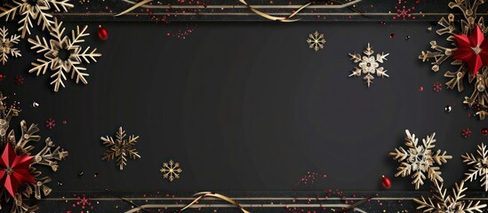 Two elegant black borders with golden snowflakes and red accents, creating a sophisticated holiday frame.