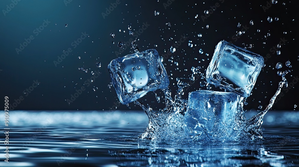 Poster realistic ice cubes splashing into water, frozen in time to display the dynamic energy and beauty of
