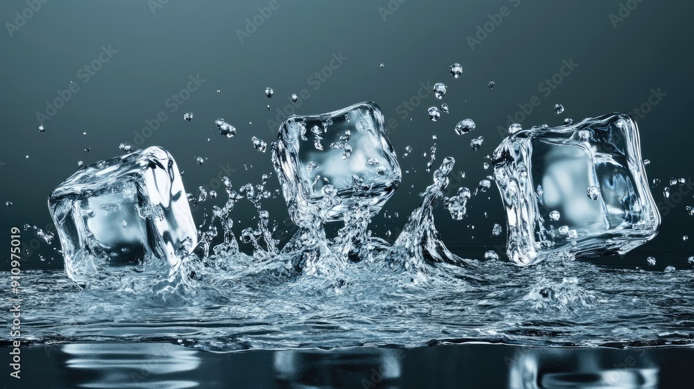 Poster realistic ice cubes splashing into water, frozen in time to display the dynamic energy and beauty of