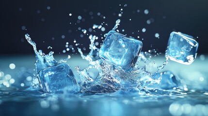 Obraz premium Realistic ice cubes splashing into water, frozen in time to display the dynamic energy and beauty of liquid motion. 3D vector design.