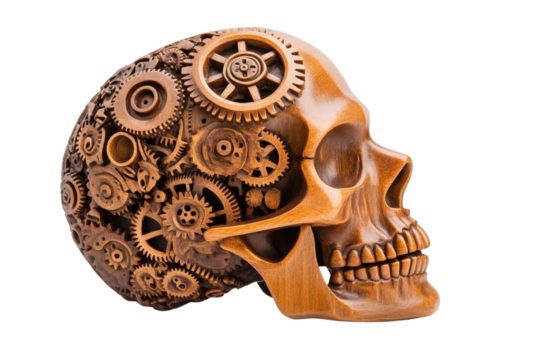 A detailed wooden skull sculpture featuring intricate gears, embodying a blend of art and mechanical design.