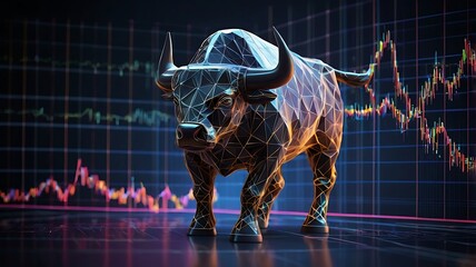 Stock market illustration of bull market, growth in net worth of market in a bullish asset market, trading up worth graph, golden bull on blue background