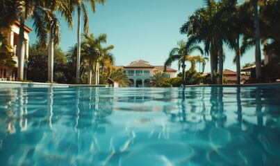 Fototapeta premium View from within a crystal-clear swimming pool looking at a grand mansion surrounded by lush palm trees under a blue sky