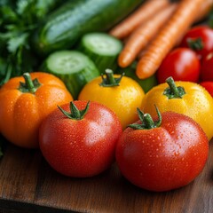 Fototapeta premium Close-Up of Fresh Vegetables on Wooden Surface