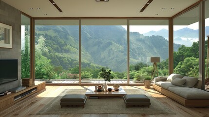 Fototapeta premium Modern living room with large windows and light wood accents