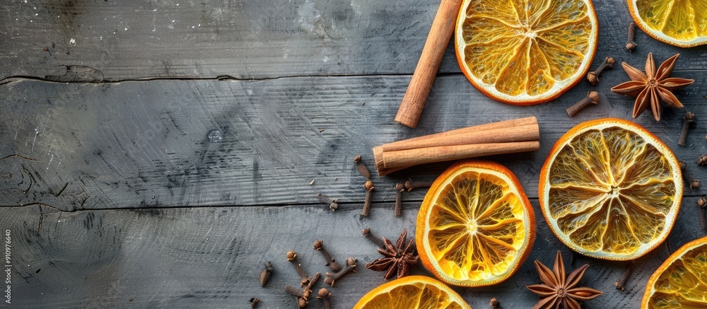 Poster flat lay composition on a grey wooden table featuring dry orange slices anise stars and cinnamon sti