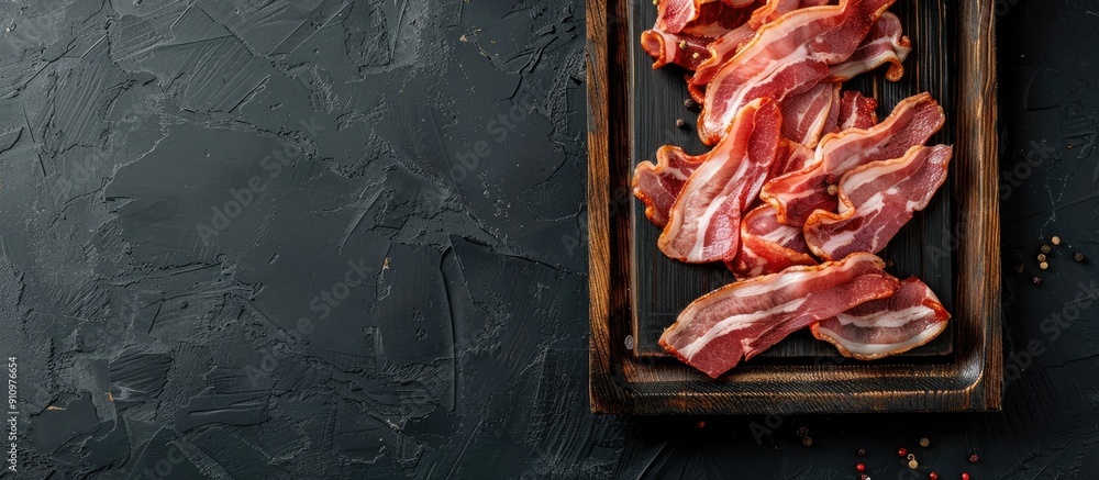 Poster Sliced smoked pork bacon on wooden tray against a black background viewed from the top with ample copy space image