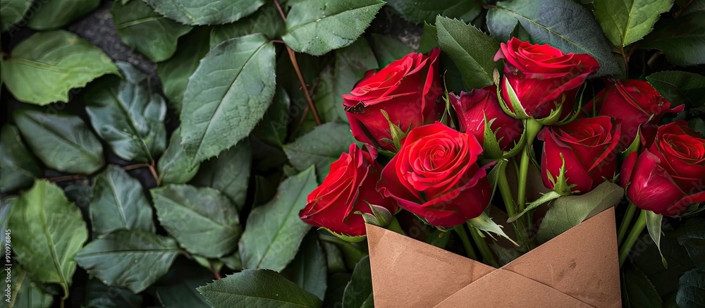 Poster beautiful red roses in an envelope symbolizing love or valentine s day against a background with cop