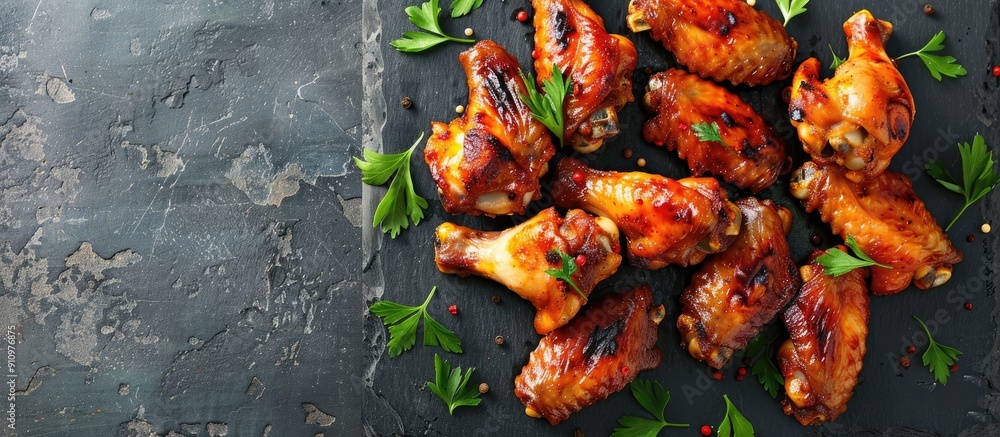Poster Top view of baked chicken wings on a dark surface with room for additional text or imagery such as a copy space image