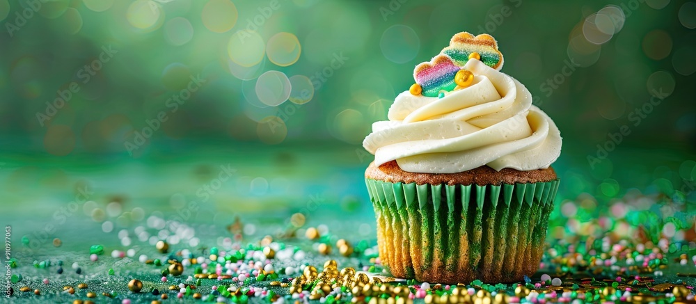 Poster st patrick s day party featuring a delicious cupcake decorated with a sour rainbow belt and miniatur