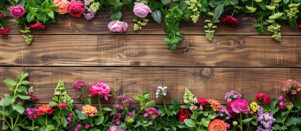 Poster variety of garden blooms on a wooden backdrop with room for text top view with a copy space image