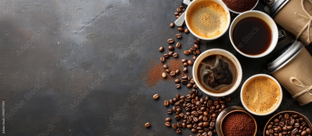 Poster morning coffee options like espresso or americano with a backdrop of various coffee grains on the ta