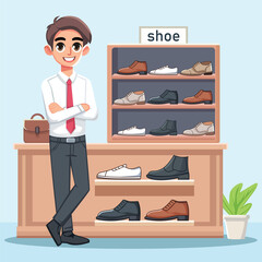 The salesman stands in the shoe store