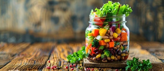 Fototapeta premium A vegan salad in a mason jar with assorted vegetables and beans on a rustic wooden table presents a balanced detox meal ideal for health conscious individuals The setup offers a copy space image