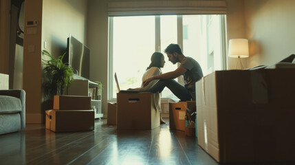 A couple sits amidst moving boxes, sharing an intimate moment on the floor by a large window, capturing the essence of new beginnings.