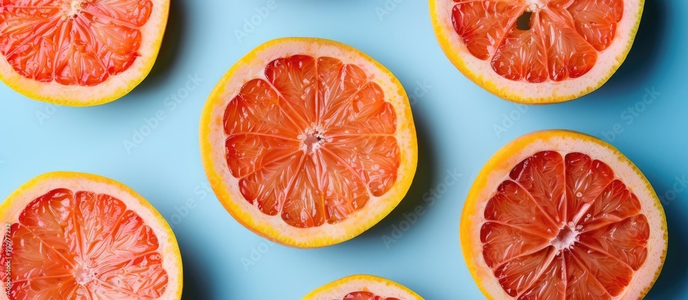 Aufkleber Top view of vibrant grapefruit slices on a colored background creating a creative summer concept A half of the citrus fruit is displayed in a minimalistic flat lay with copy space image