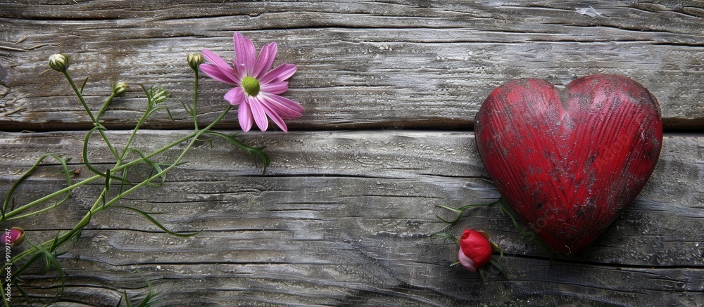 Aufkleber A flower and heart displayed on a wooden surface with ample copy space image