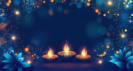 diwali celebration background with blue lights and burning candles