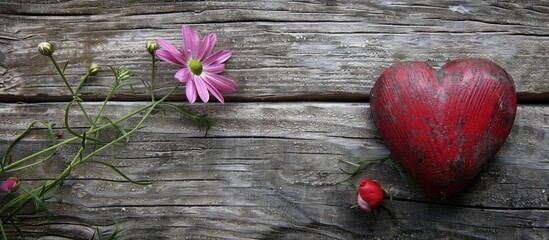 A flower and heart displayed on a wooden surface with ample copy space image