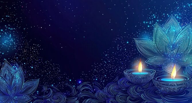 diwali celebration background with blue lights and burning candles