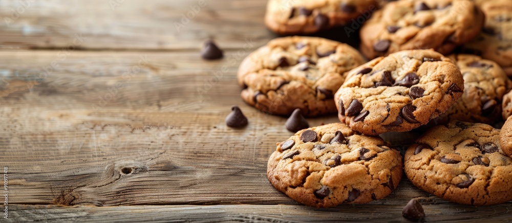 Poster chocolate chip cookies displayed on a wooden table with copy space image