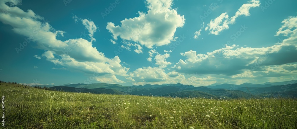 Poster clouds in the sky above a tranquil landscape create an idyllic scene captured in the copy space imag