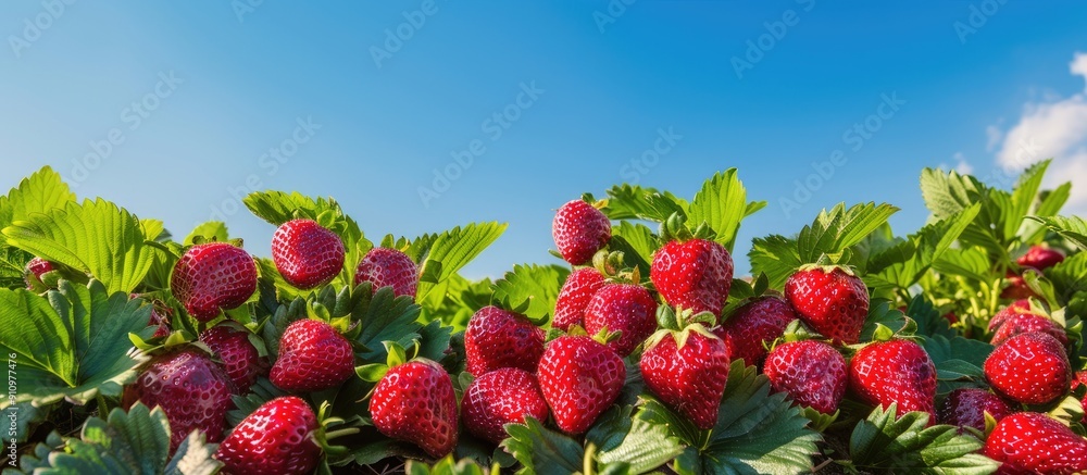 Poster a garden bed full of ripe strawberries with a blue sky in the background ideal for a copy space imag