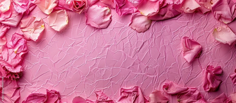 Poster a crumpled pink wedding background adorned with rose petals seen from above creating a romantic sett