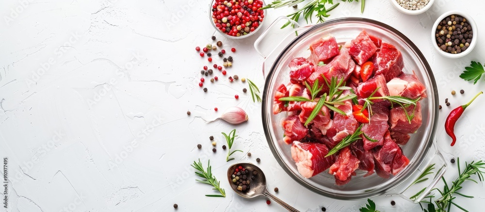 Poster copy space image of a clear pot filled with raw meat surrounded by spices and herbs on a white backd