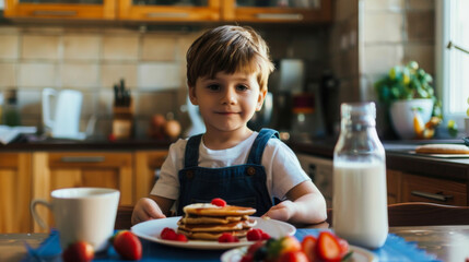 A young boy with a slight smile, sitting at a kitchen table with a stack of pancakes and strawberries, ready to enjoy his delightful breakfast.