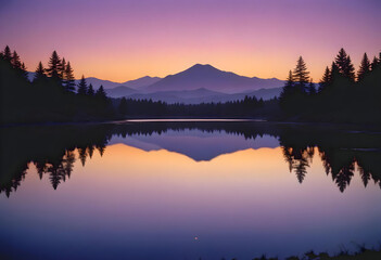 Beautiful landscape with mountains, sea or lake, reflections in water, trees at sunrise