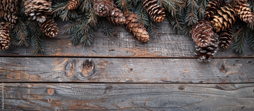Aufkleber Top view of rustic Christmas decorations on a weathered wooden surface adorned with fir cones creating a wintry background with space for text or images. copy space available