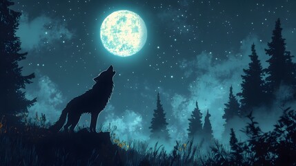 Wolf Howling at the Moon in a Forest.