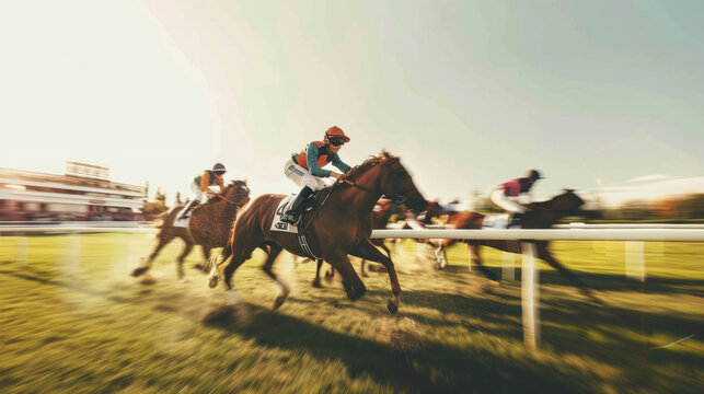 A fast-paced horse race with jockeys riding spirited horses under a clear sky, capturing the fierce competition and excitement of the event.