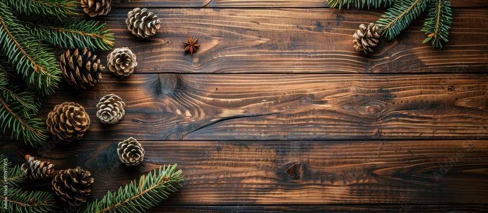 Poster top view of a rustic varnished coniferous pine table surface for flat lay photography against a clas