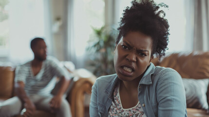 A woman appears visibly frustrated while a man in the background sits with a distant look, highlighting relationship strain.