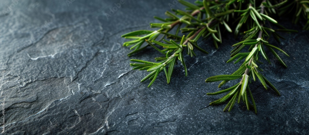 Poster a mock up of fresh green rosemary herb on a dark stone surface background with space for additional 