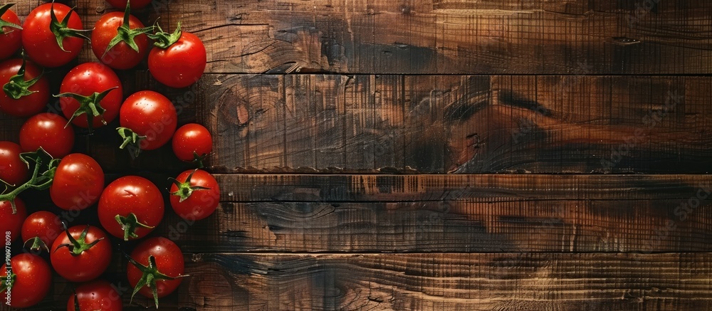 Poster Various fresh tomatoes displayed on a rustic wooden background captured from above with empty space for text or other elements in the image. copy space available