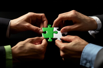 Fototapeta premium hands holding a green puzzle piece with business people putting it together, concept for collaboration ,team work