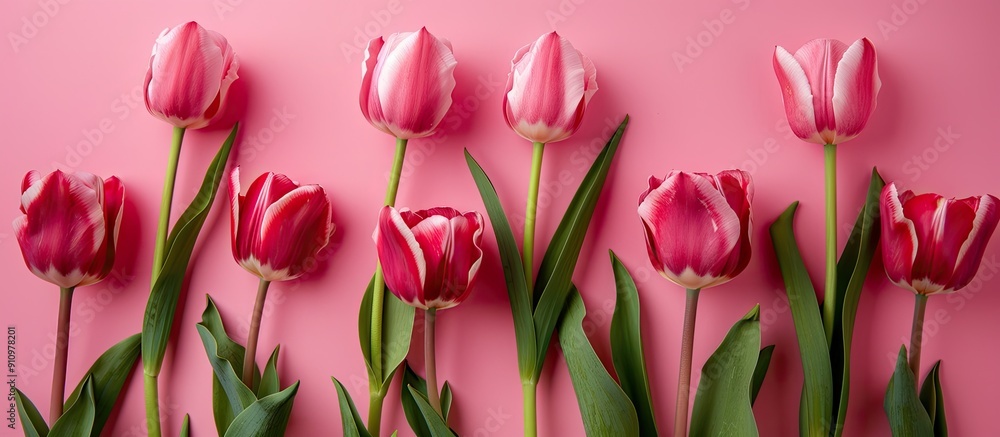 Poster pink tulips displayed on a pink paper background with copy space image