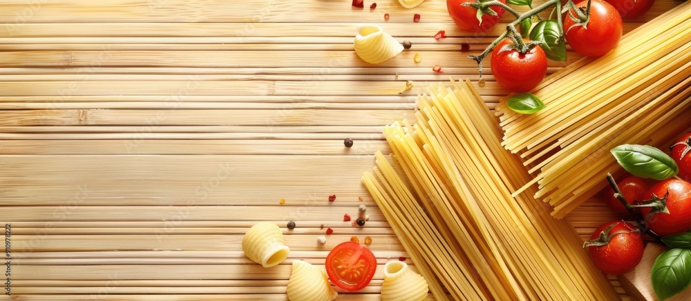 Poster italian food concept with spaghetti and pasta cooking ingredients on a bamboo backdrop creating a fl