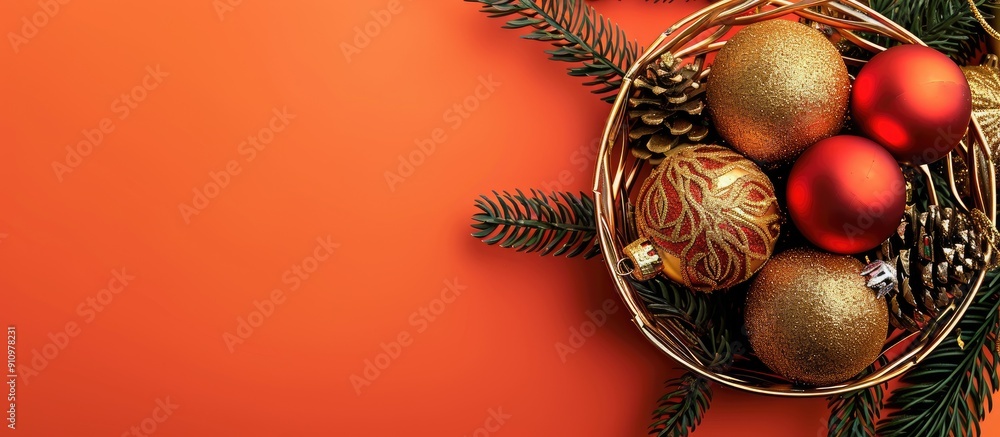 Poster flat lay christmas ornaments on an orange background with space for text the basket holds golden and