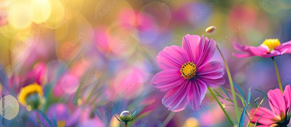 Poster softly focused pink cosmos flowers in a garden with yellow pollen providing a close up view for a pi