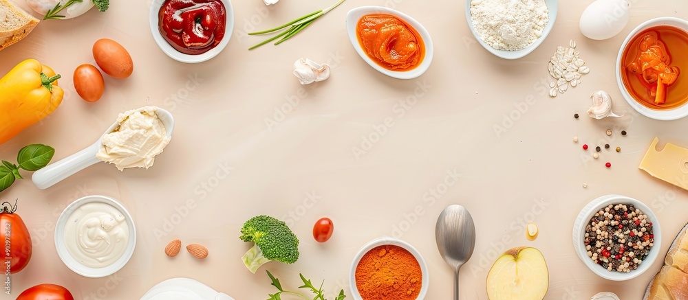 Poster flat lay composition with organic baby food and fresh ingredients on a neutral beige backdrop ample 