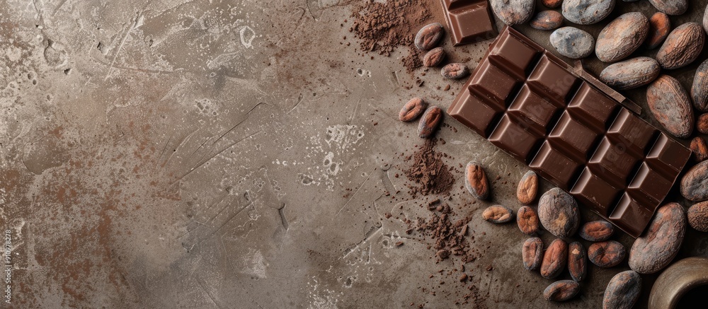 Fototapete chocolate bar fragments with cocoa beans on a brown concrete backdrop with copy space image